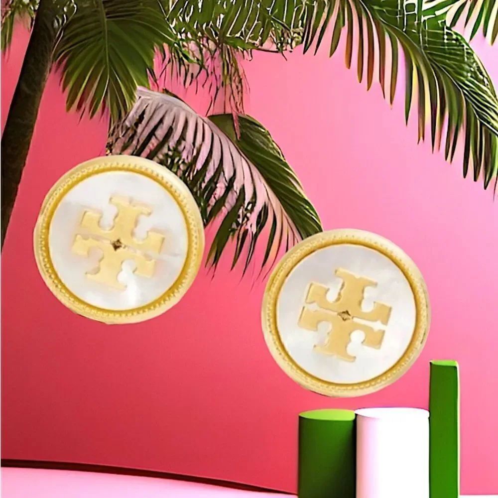 TORY BURCH MOTHER OF PEARL STUD EARRINGS IN ANTIQUE GOLD
